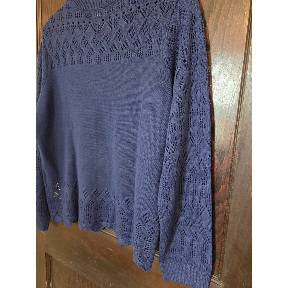 Nine West Sweater Womens Large Blue Knit Scalloped Pattern Navy Crochet New - Picture 8 of 12